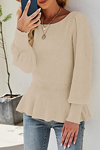 Image of Womens Fall Puff Sleeve Peplum Casual Slim Fit Knit Pullover Sweater Jumper Tops