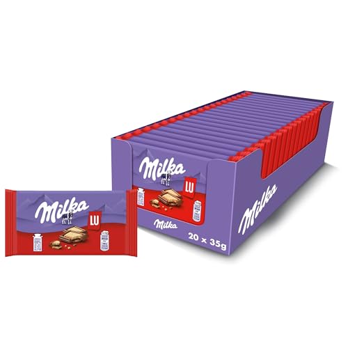 Milka LU Pocket - Mini Tablettes de Chocolat au Lait au Biscuit LU - Format Poche Facile à Emporter - Présentoir de 20 Mini Tablettes (35 g)
