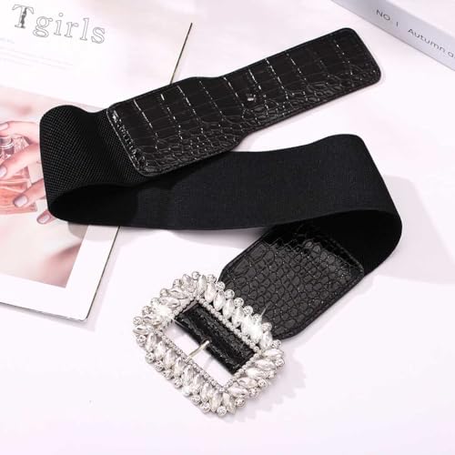 Tgirls Women's Rhinestone Elastic Belt Crystal Stretchy Wide Belt for Dresses Fashion Vintage Waist Belts4