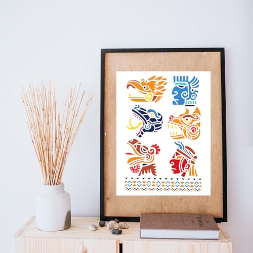FINGERINSPIRE Mayan Aztec Symbols Stencil 21x29.7cm Plastic Tribal Theme Painting Stencils Wall Mayan Face Spraying Stencils Reusable Human Faces Snakes Tigers Dragons and Birds Drawing Stencils - Image 4