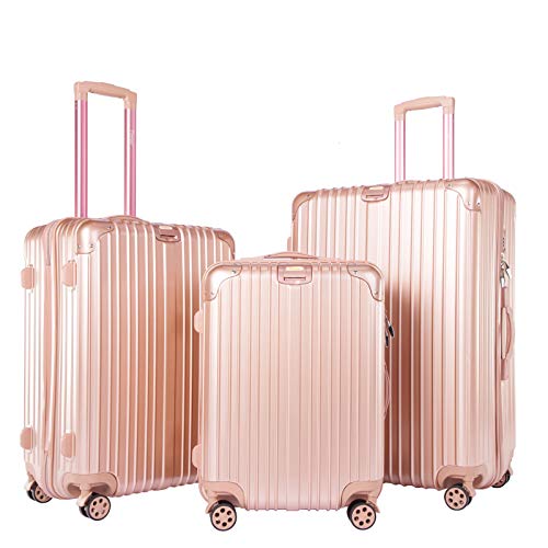 Timoo Luggage 3 Piece Set Light Weight Anti-Scratch ABS+PC Suitcase Set with Spinner Wheels TSA Lock, 20 24 28, Rose Gold