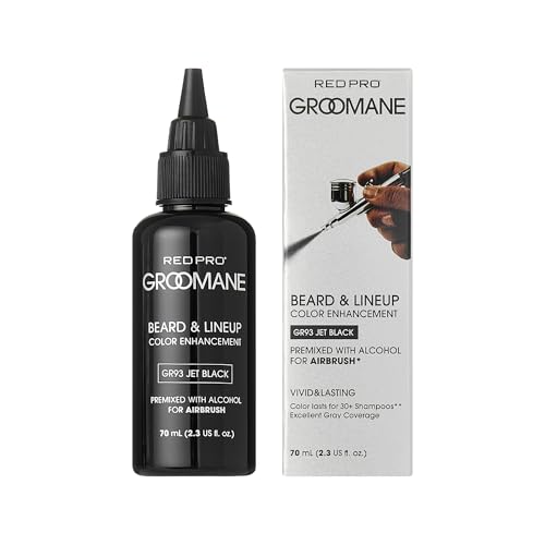 RED Pro GROOMANE Beard & Lineup Color Enhancement for Airbrush, Natural Semi-Permanent Barber Beard Dye, Long-Lasting Gray Coverage, Men Hairline Color (Jet Black (Premix), 2.3 fl.oz)