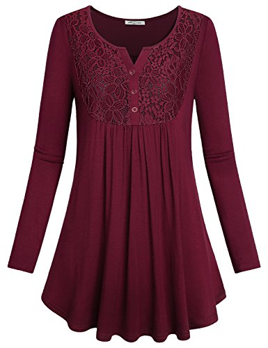 Long Sleeve Casual Shirts,SeSe Code Women Loose Fitting Tops V Neck Tunic Maroon Modesty Panel Soft Surroundings Beautiful Dressy Blouses Wine Red XL