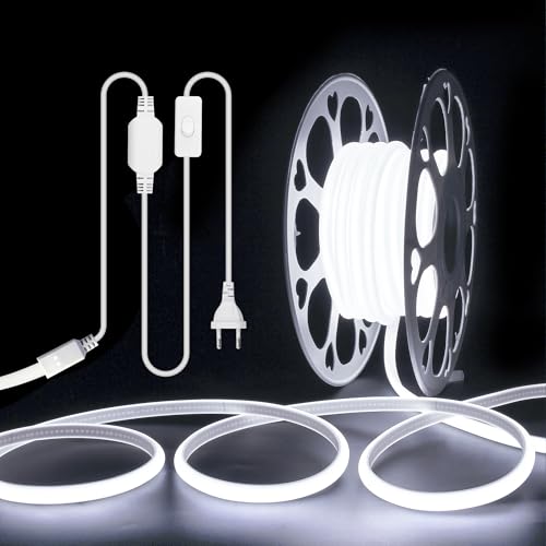ALITOVE COB LED Streifen Wasserdicht 10M mit Schalter Kaltweiß 6000K Outdoor LED Strip 230V Direktanschluss für Schlafzimmer Garten Terrasse DIY-Beleuchtung und Heimdekoration