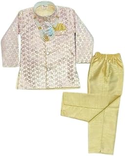 Boy's Checked Cotton Blend Long Sleeves Sherwani with Bottom Set Price In India