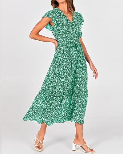 Image of BTFBM Women Summer Bohemian Floral Casual Wrap V Neck Ruffle Cap Sleeveless Belt A-Line Pleated Hem Midi Sun Dress White