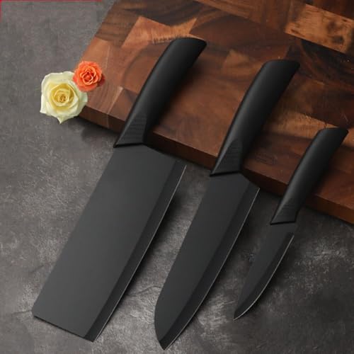 Image of 3-Piece Kitchen Knife Set with High Carbon Stainless Steel Blades, Chef Knife, Utility Knife & Santoku Knife with Ergonomic Black Handles for Chopping, Black 3pcs Knife Set