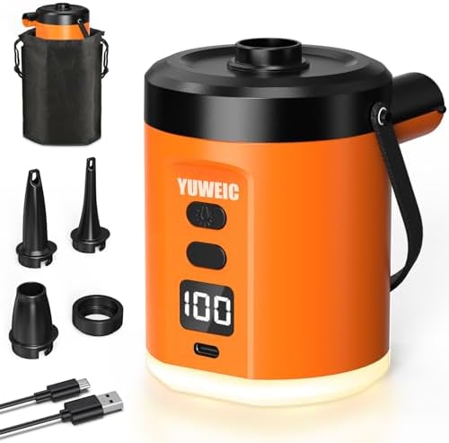 YUWEIC Portable Air Pump for Inflatables with 5000mAh Battery & Camping Light, 280L/min Ultra-Fast Electric Air Pump, Inflate Deflate for Air Mattress Pool Floats Swimming Rings Yoga Balls