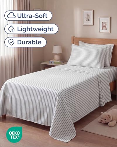 Image of Twin 4 Piece Bed Sheet Set - Breathable & Cooling Sheets - Grey Stripes | Ultra Soft Hotel Luxury Bedding Set with 8-16 Inch Deep Pockets, 1 Flat & 1 Fitted Sheet & 2 Pillowcases, Wrinkle & Fade Free
