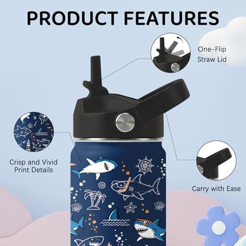 Image of Shark Water Bottle for Son & Daughter, Stainless Steel Insulated Tumbler with straw lid and handle, 12oz Reusable Leak-proof Bottle for Sports