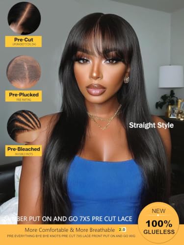 Image of Sunber Bye Bye Knots 7x5 Lace Front Glueless Fluffy Natural Loose Wave Curtain Bangs Wig Human Hair Pre Plucked Invisible Knots Pre Everything Ready to Go 16Inch