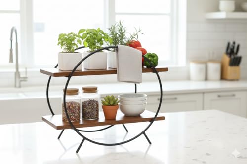 Image of Wooden Kitchen Rack Organiser 2 Tier Shelf | Circular Multipurpose Solid Acacia Wood Storage Organizer | Grocery Spice Rack | Sugar Containers, Jars, Bottels Holder for Kitchen | Food Safe