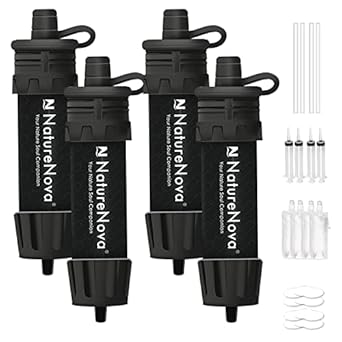 Mini Water Filter NatureNova Portable Emergency Water Filtration System Hiking Camping Straw Survival Gear Emergency Preparedness Black, 4 Pack)