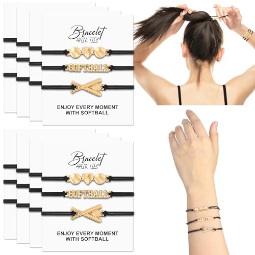 Suncalla 24 Set Golden Softball Hair Ties Bracelets with Card High School Softball Senior Night Hair Accessories Game Day with Black Elastics Girls Gifts for Teen Sport Lovers