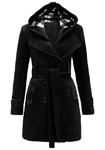 FLITAY Ladies Solid Color Hooded Pea Coat Casual Checkered Outwear with Belt Coat BLK L