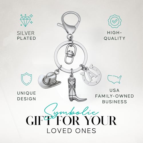Personalized Horse Keychain with Initial Charm, Stainless Steel Cowboy Hat, Boot and Horseshoe Pendants, Western Equestrian Accessory, Custom Gift for Women, Cowgirls, Horse Riding Fans2