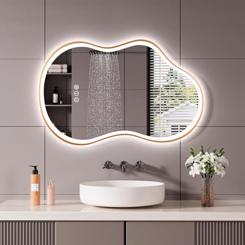 Image of WTTY LED Irregular Bathroom Mirror 24x36 Inch with Front & Back Lights - Asymmetrical Design, Anti-Fog, Dimmable 3 Color Temperatures, Shatterproof Glass, Horizontal or Vertical Mount (Gold Frame)