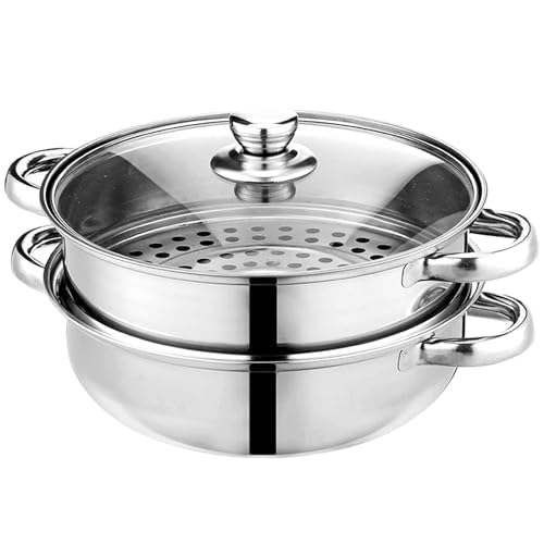 Puluru Stainless Steel Steamer Pot 4 Quart Silver Round 2-tier Multipurpose Cookware with Tempered Glass Lid