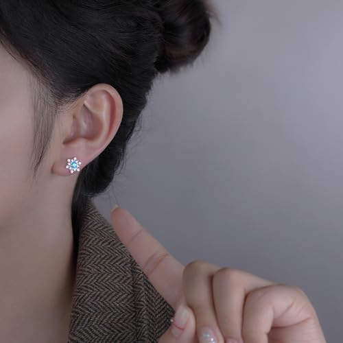 SLUYNZ Solid 925 Sterling Silver Sparkling Blue Crystal Snowflake Earrings Stud for Women Teens Pretty Snowflake Stud Earrings3