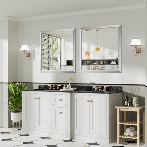 36x36 Inch Silver Bathroom Mirror for Wall, Thick Metal Framed Rectangle Mirrors for Over Sink, Bedroom, Living Room, Entryway, Anti-Rust, HD Tempered Glass