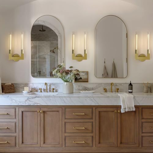 Modern Brass Wall Sconce,19 Inch Gold Double Bathroom Wall Sconces with Clear Glass Tube,Indoor 2-Light Vanity Mirror Wall Lights,for Bathroom,Living Room,Bedroom,Hallway,Entryway,Fireplace,Staircase