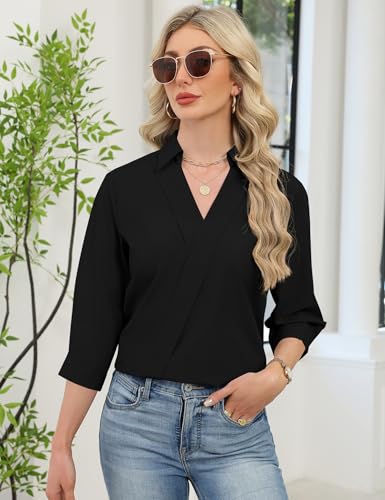 Image of LOMON 3 /4 Length Sleeve Womens Tops Dressy V Neck Collared Shirts Trendy Business Casual Work Blouses Vacation Outfits 2026