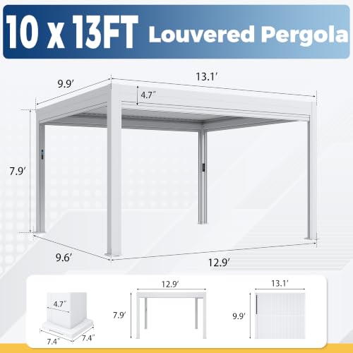 Image of MELLCOM Motorized Louvered Pergola 10x13, Solar & Electric Powered with LED Lights and 4 Side Screens, Aluminum Adjustable Louvered Roof, Weatherproof Outdoor Shelter