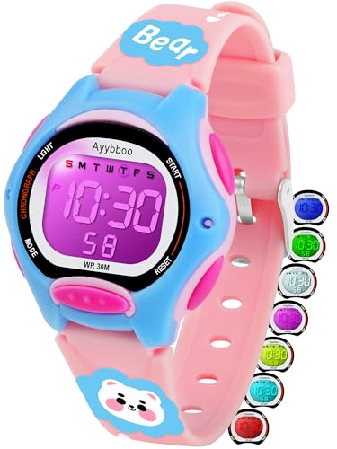 Kids Digital Watches for Girls Boys, 7 Color Lights Waterproof Cute Wristwatches for Kids with Alarm Stopwatch, Great Present for Girls Boys Ages 5-13 Cartoon Pink