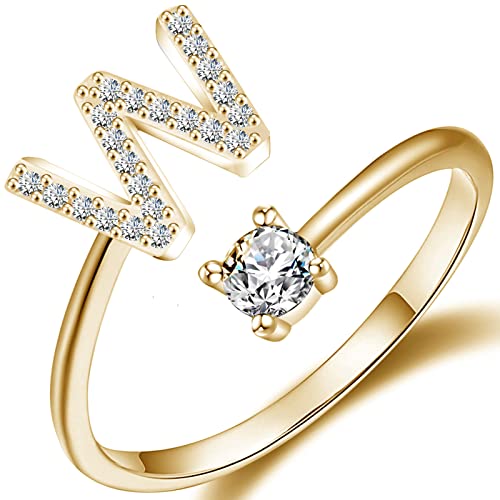 Haoze Anillo de letra inicial para mujeres y niñas, oro apilable con inicial de cristal ajustable con incrustaciones de inicial, regalo de dama de honor