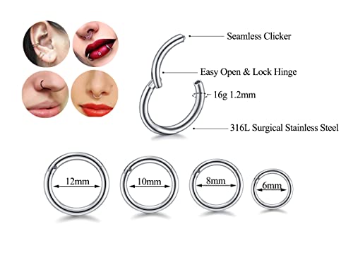 16G Hypoallergenic Nose Rings 316L Surgical Steel Piercing Jewelry Hinged Segment Ring Body Piercing Septum Nose Hoop Lip Rings Nose Helix Cartilage Rook Earrings (16G 4Pairs 6/8/10/12Mm Steel) #TOP1