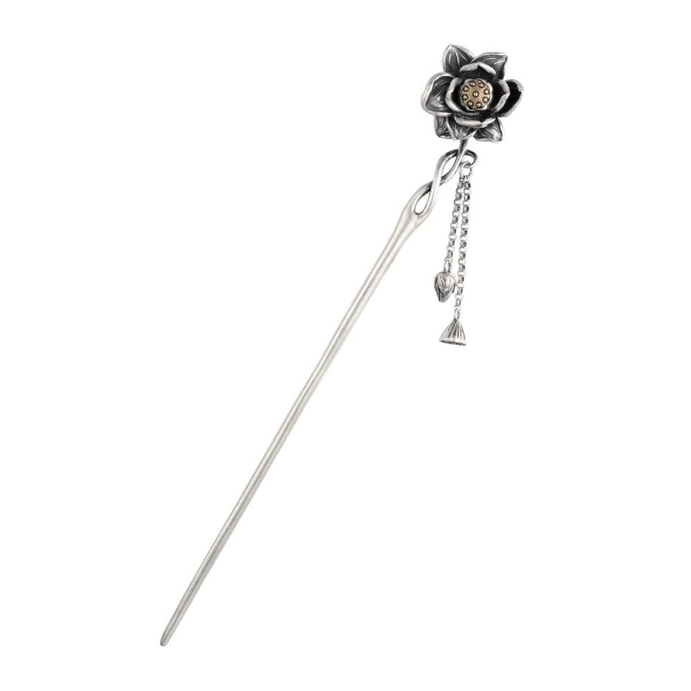 Vintage Haarstäbe Retro Haarnadel, S925 Sterling Silber chinesische Haarstäbchen, verzierte Lotus Samenkapsel Haarstäbe mit Quaste,