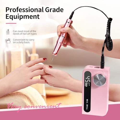 Professional Electric Nail Drill File,Cordless Portable Nail Drill 45000 RPM, Rechargeable Nail Drill Machine for Acrylic Nails Gel Polishing,Nail Kit for Manicure Salon Home（Pink） - Thumbnail 2