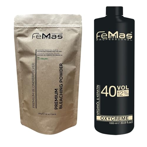 FemMas Blondierungspulver Set 500g vegan & Entwickler 12 Prozent 1L I ultra stark & staubfrei I mit nährstoffreichen Ölen I Hair Bleach Kit für zuhause in Salonqualität I Blondierung von 7-9 Tonstufen