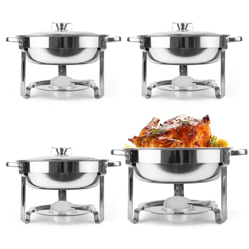 Juego de 4 Calentadores de Comida para Buffet, Calentadores de Platos de Acero Inoxidable, Soportes para Comida de Bufé con Tapas para Restaurantes, Banquetes, Fiestas, Picnics y Cafeterías.