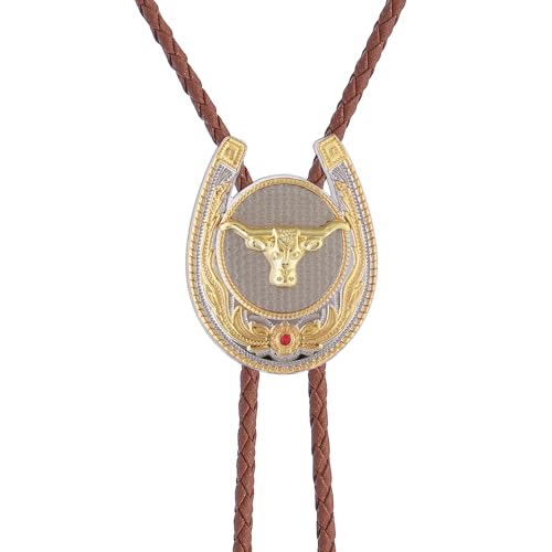 Image of Jeilwiy Bolo Tie for Men, Western Cowboy Golden Longhorn Bull Eagle Horse Cowboy Hat Bolo Necklace Leather Necktie for Women