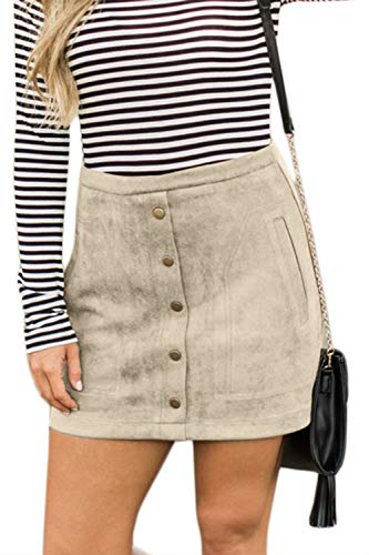 Meyeeka Women's Button Front Faux Suede High Waist A-line Mini Skirt with Pocket3