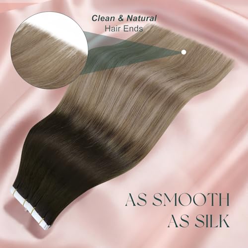 Image of Easyouth 24 Inch Tape in Hair Extensions Human Hair Ombre Tape Extensions Human Hair Brown Balayage Blonde Hair Extension Real Human Hair Tape in for Long Hair 50g 20pcs Seamless Tape in Extension