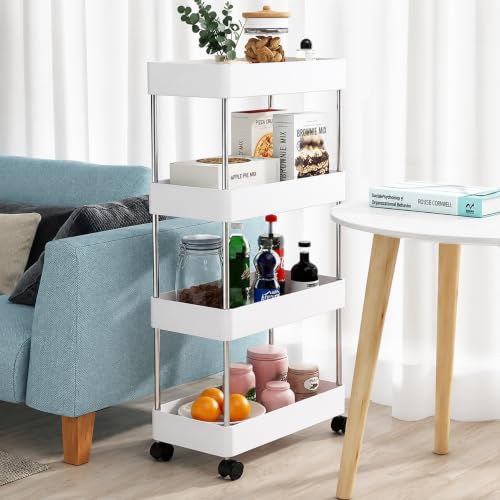 Image of 4 Tier Storage Rack, Kitchen Trolley, Storage Cart with Wheels, Rolling Storage Cart, Kitchen Storage Rack, Multipurpose Trolley (White)