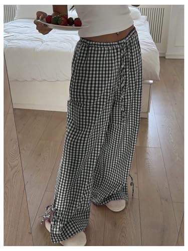 Verdusa Women's Preppy Gingham Plaid Baggy Pants Streetwear Y2k Bowknot Long Trousers with Pockets3