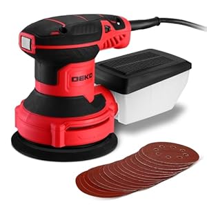 Orbital Sander Corded Hand Sander: DEKOPRO 5″ Random Orbital Sander with Dust Box, 6 Various Speeds Electric Palm Sander with Dust Box, 16Pcs Sandpapers for Woodworking & Sanding (Red)