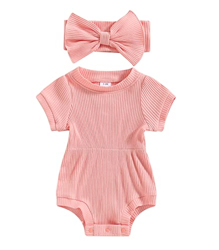 Image of Newborn Baby Girls Romper Jumpsuit Infant Girl Summer Bodysuits Ribbed Short Sleeve One-Piece Headband
