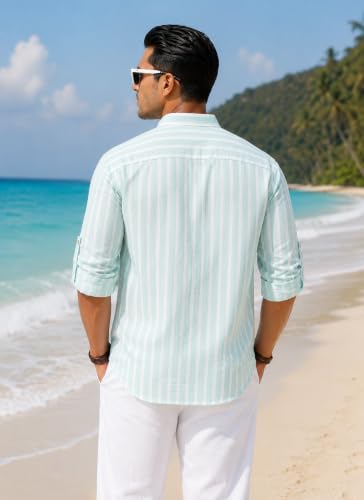 Image of Majestic Man Men's Pure Cotton Striped Mandarin Collar Regular Fit Roll-Up Sleeves Short Kurta