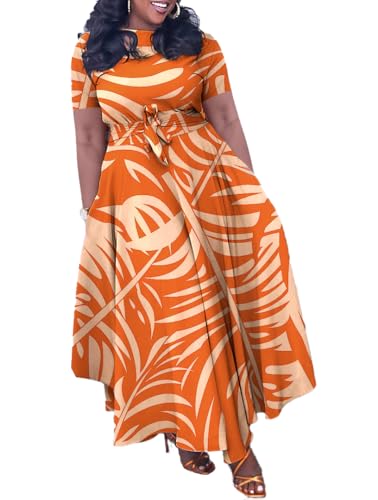 Image of Hostoyo Women Plus Size Formal A Line Maxi Dress Self Tie Waist with Pockets Elegant Round Neck Swing Long Dresses