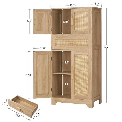 Image of TEENFON 47.2 inch H Tall Storage Cabinet with Adjustable Shelf, Rattan Cabinet, Cupboard for Living Room, Dining Room, Entryway, Home Office, Natural