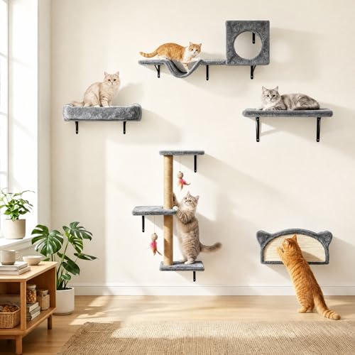 Juego de estantes de pared para gatos 5 en 1 gris miniatura 1
