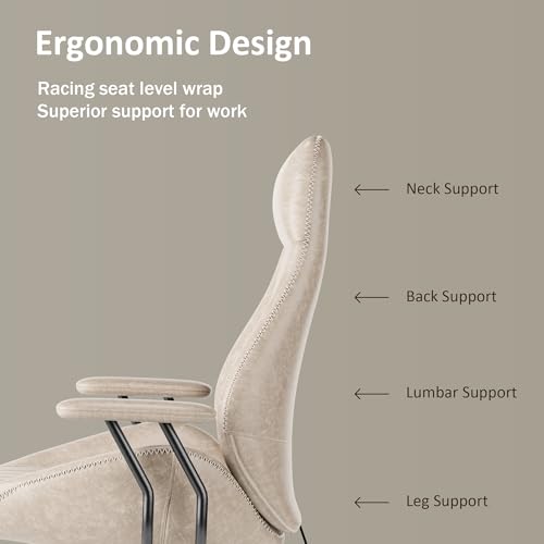 Image of High Back Home Office Chair, Mid Century Vintage Executive Chair,Comfy Ergonomic Rolling Office Task Chair with Lumbar Support, Faux Leather Office Chair,Beige