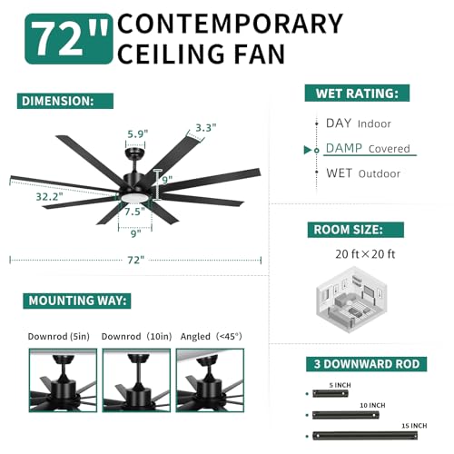 YITAHOME 72 Inch Ceiling Fans with Lights and Remote Control for Indoor, Reversible Quiet DC Motor, 8 Blades with 6 Speed, Modern Ceiling Fans for Living Room - Black thumbnail 4