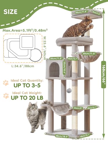 Image of Taoqimiao MS042W Cat Tree,66-inch Large Cat Tower with Scratching Posts, Luxurious Large Platform for Big Cats with Soft Hammock, Adjustable Basket, Deluxe Cat Cando, Top Perch Light Gray