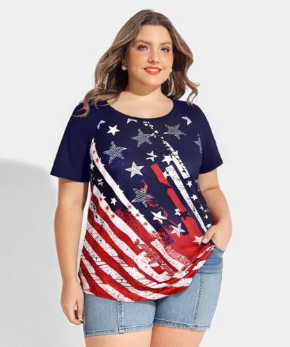 Image of CARCOS Plus Size Tops for Women Short Sleeve Raglan Striped Tee Color Block Crewneck /V Neck Tunic Loose Fit Summer XL-5XL