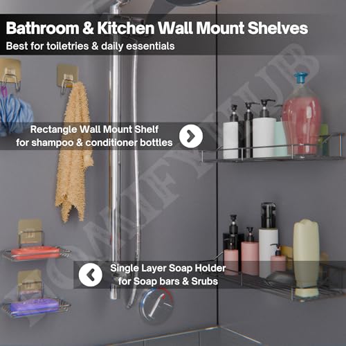Image of 8 Pcs Bathroom Organiser Without Drill | Self Adhesive Wall Shelf Organizer & Soap Stand for Kitchen Bathroom | Toothbrush & Shampoo Holder Wall Shelf Stand (Silver)
